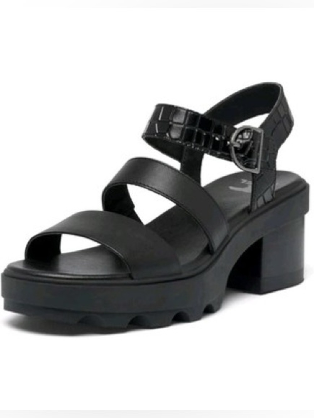 Sorel Joanie Heel Ankle Strap Platform Black Croc Leather Sandals Sz 8.5 NWOT